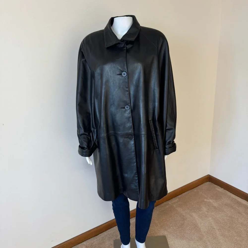 80s Vintage REMY LEATHER Black Trench Duster Futuristic Goth Coat XL